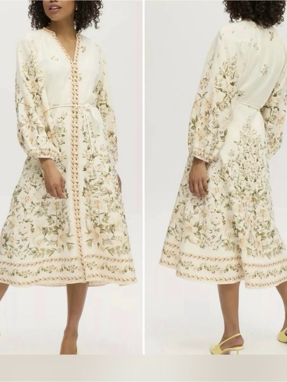 Calypso St. Barth Ivory Floral Tie-Waist Long-Sleeve Midi Dress
